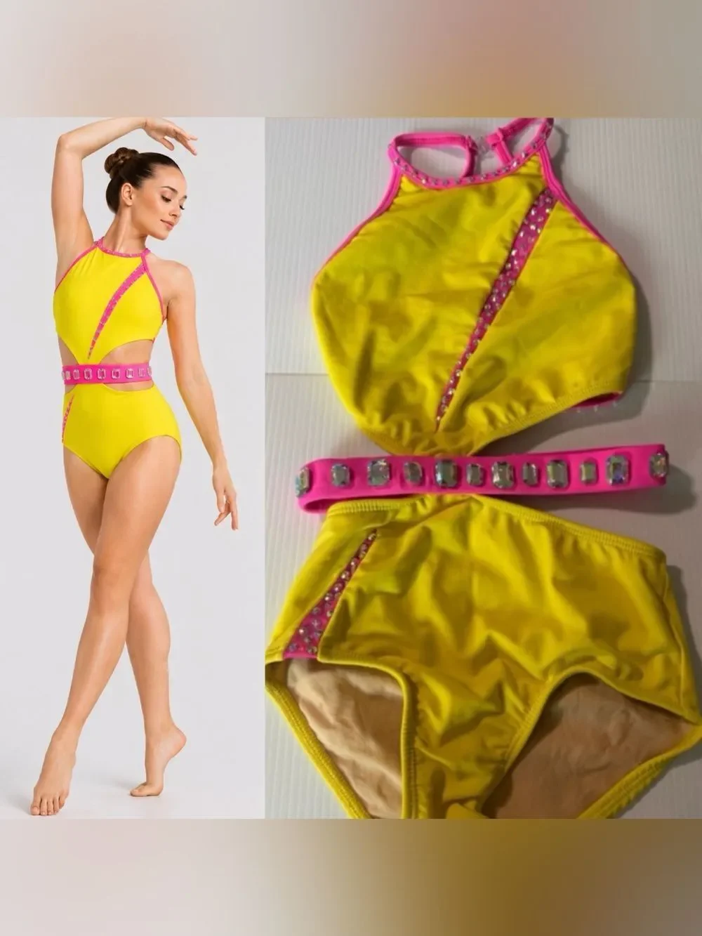Custom Neon Yellow Pink Rhinestone Dance Costume Jazz Acro Convention Solo MC